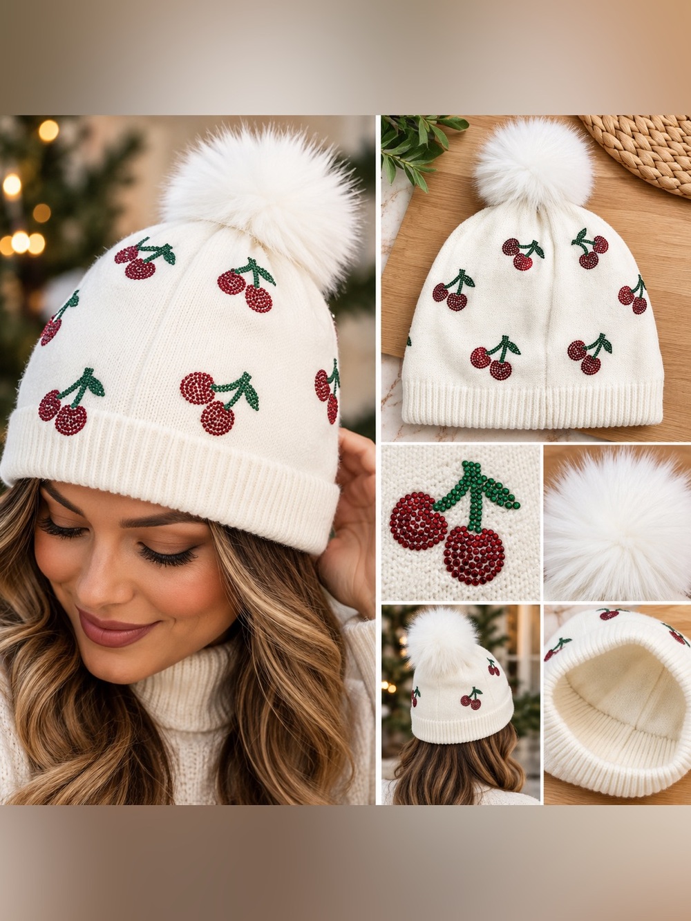 C.C Cream Beanie with Red Cherry Embellishments and White Pom